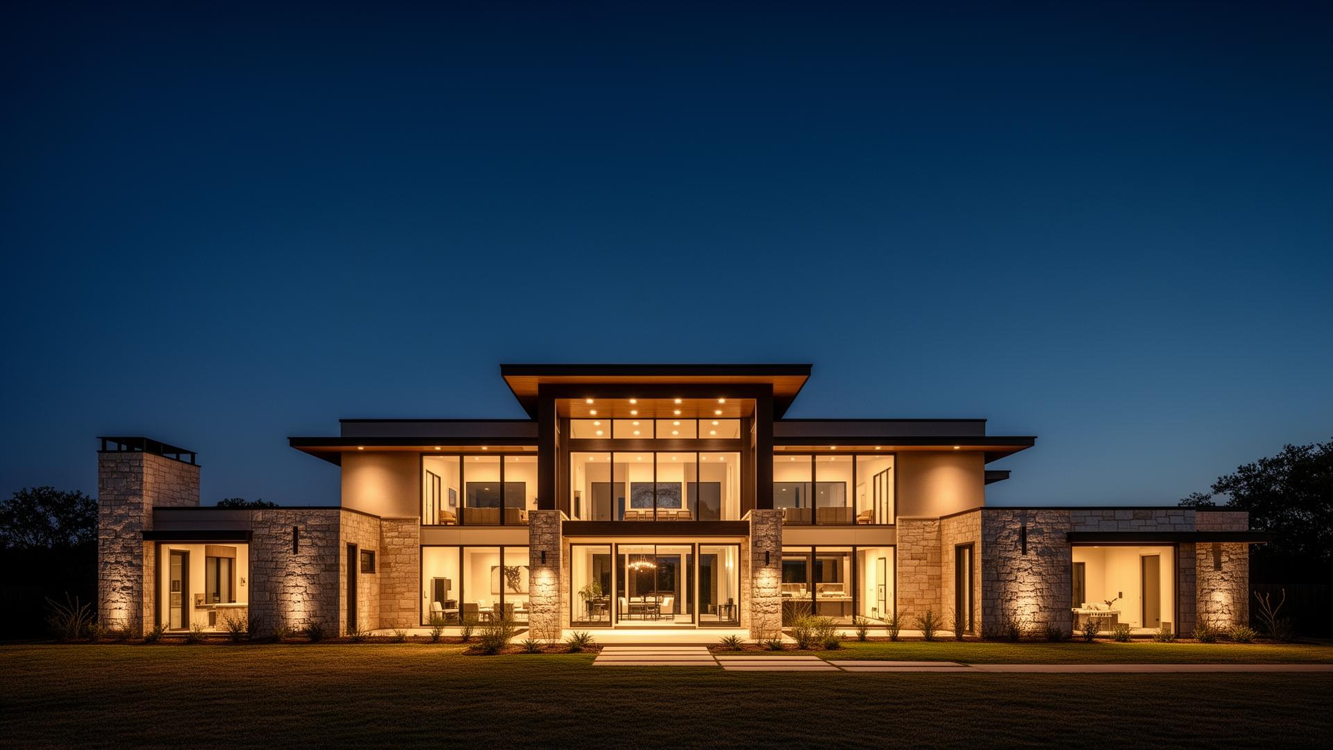 An architectural luxury home at twilight in the Oklahoma City metro